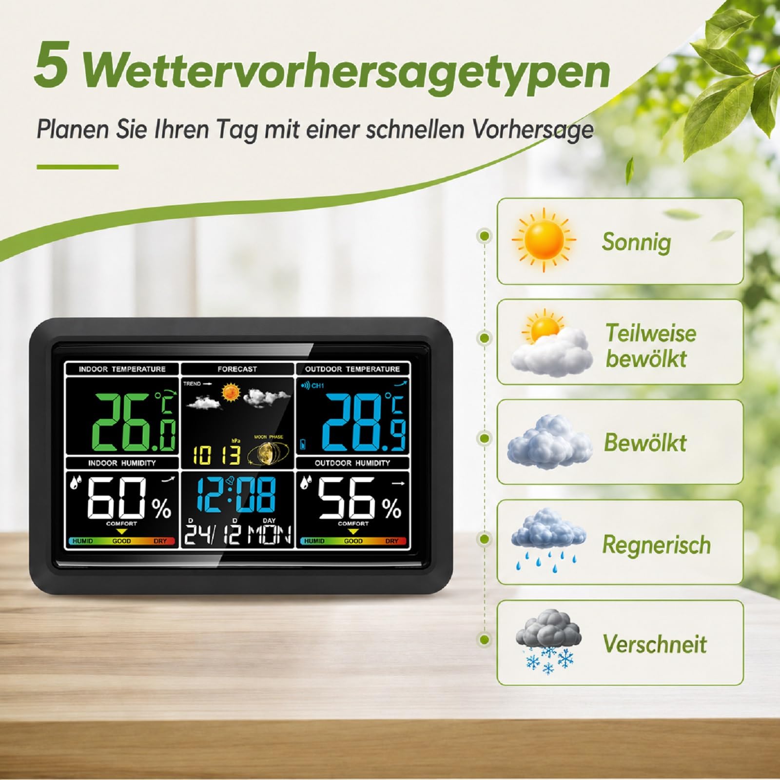 Wetterstation Funk mit Außensensor, Innen- und Außentemperatur, Luftfeuchtigkeit, Wettervorhersage, Luftdruck, Mondphase, Wecker mit Schlummerfunktion, für Wohnzimmer, Schlafzimmer und Garten.