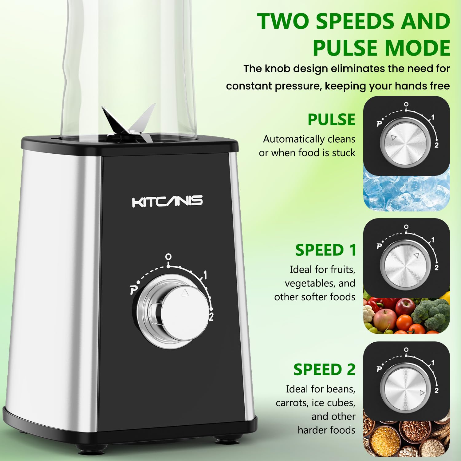 Kitcanis Mini Batidor 3 en 1, Batidora Eléctrica 800 W, 3 Velocidades Ajustables, 2 Botellas Portátiles de 600 ml y 300 ml para Helado, Frutas, Verduras, Nueces