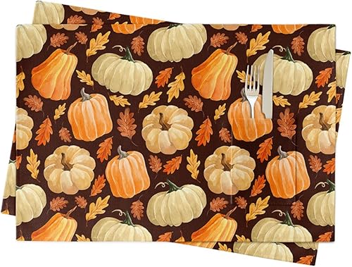 Fall Pumpkins Table Placemats for Dining Table Set of 2,Cotton Linen Cloth Kitchen Place Mats with Pocket,SquareRectangleRound Table