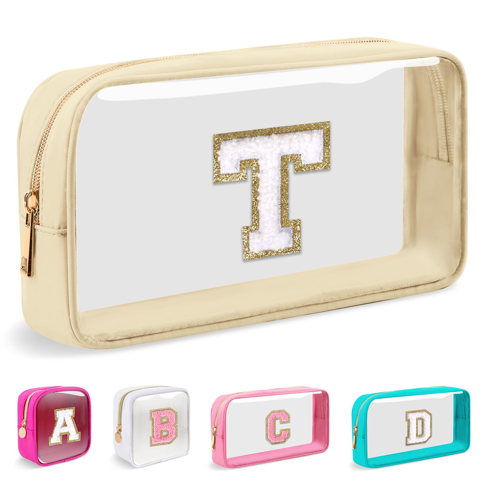 Small Clear Personalized Initial Makeup Bag, Preppy Nylon A-Z Chenille Letter Patch Makeup Organizer TSA Approved Travel Toiletry Bag,Waterproof Zip