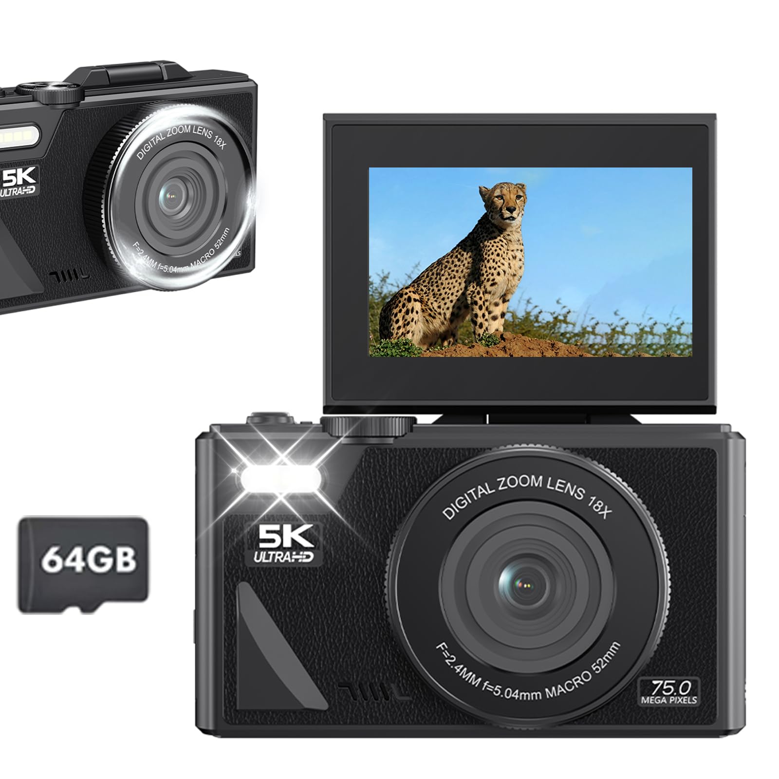 EMEBAY Fotocamera Digitale, Compatta 5K 75MP con scheda da 64 GB | Fotocamere selfie per fotografia, zoom 18X/videocamera Vlog/schermo flip da 3 pollici/anti-shake, videocamera