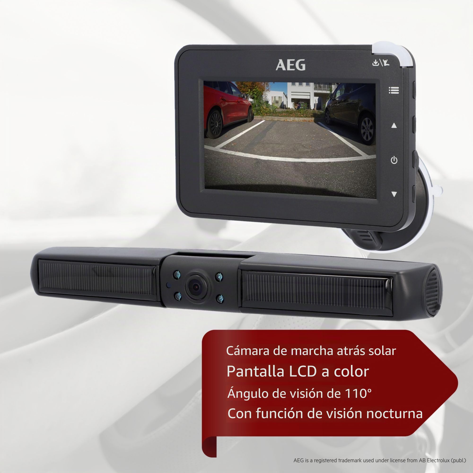 AEG Cámara de marcha atrás digital inalámbrica con energía solar, ayuda de estacionamiento, con transmisor de radio, pantalla LCD dual, resistente al agua, visión nocturna