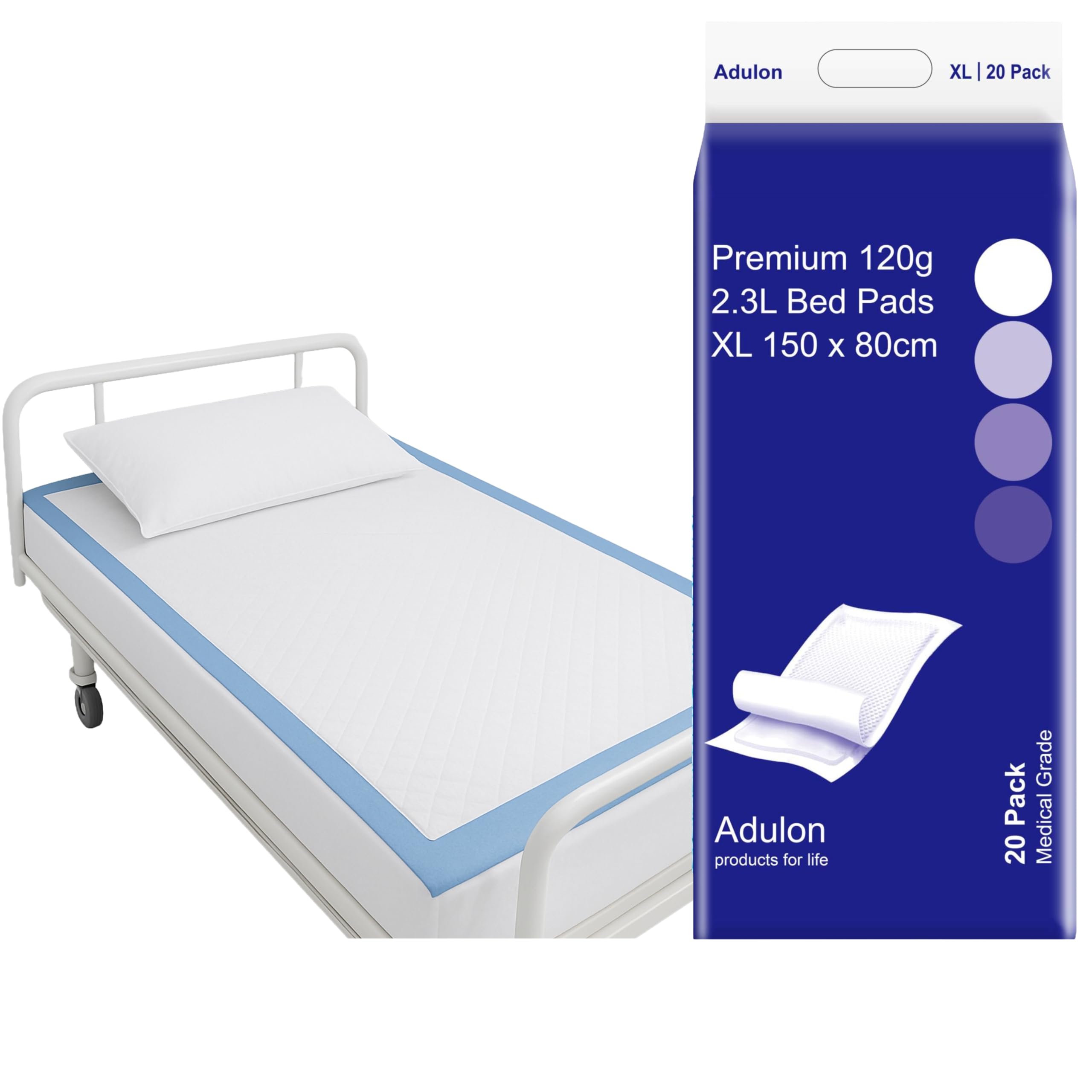 Adecuado para hogares y hospitales, cuidadores, enfermeras, 20 almohadillas de cama para incontinencia XXXL de alta calidad, 150 x 80 cm, absorción de 2300 ml, 5 capas suaves, protectores de colchón