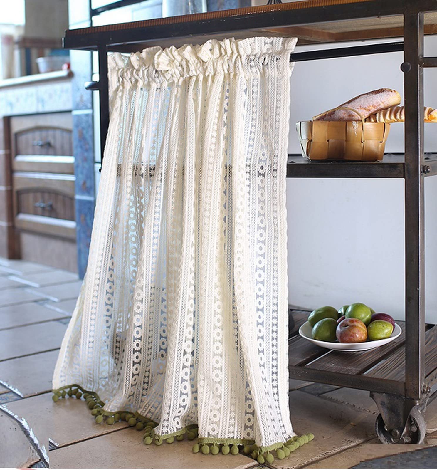 Cortina pequeña de gasa para ventana de cocina con bolsillo para varilla y encaje beige
