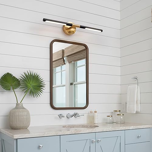 Miniatura 7 de LINSEEDS Moderna lámpara de baño sobre espejo de 24 pulgadas, 18 W, 360, giratoria, regulable, 4000 K, luces LED de tocador de baño negras y doradas