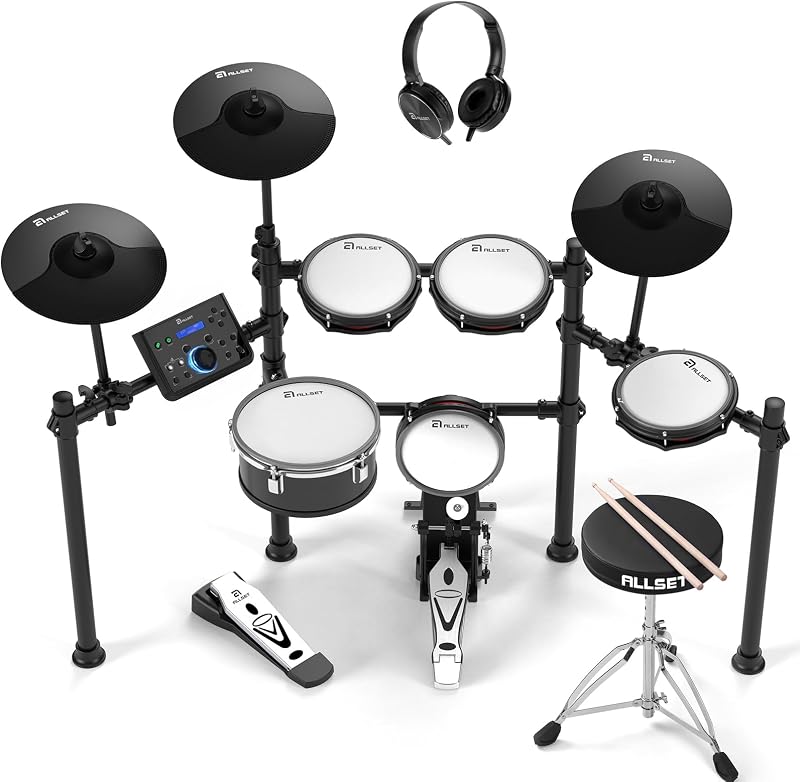 700 Professional Electric Drum Sets with Mude Mesh Drum Pads, 10" Dual Zone Snare, 30 Kits & 600+ BFD Sounds, 2 Pedals, Throne & Headphones, Drumsticks | Melodics Lessons (white)