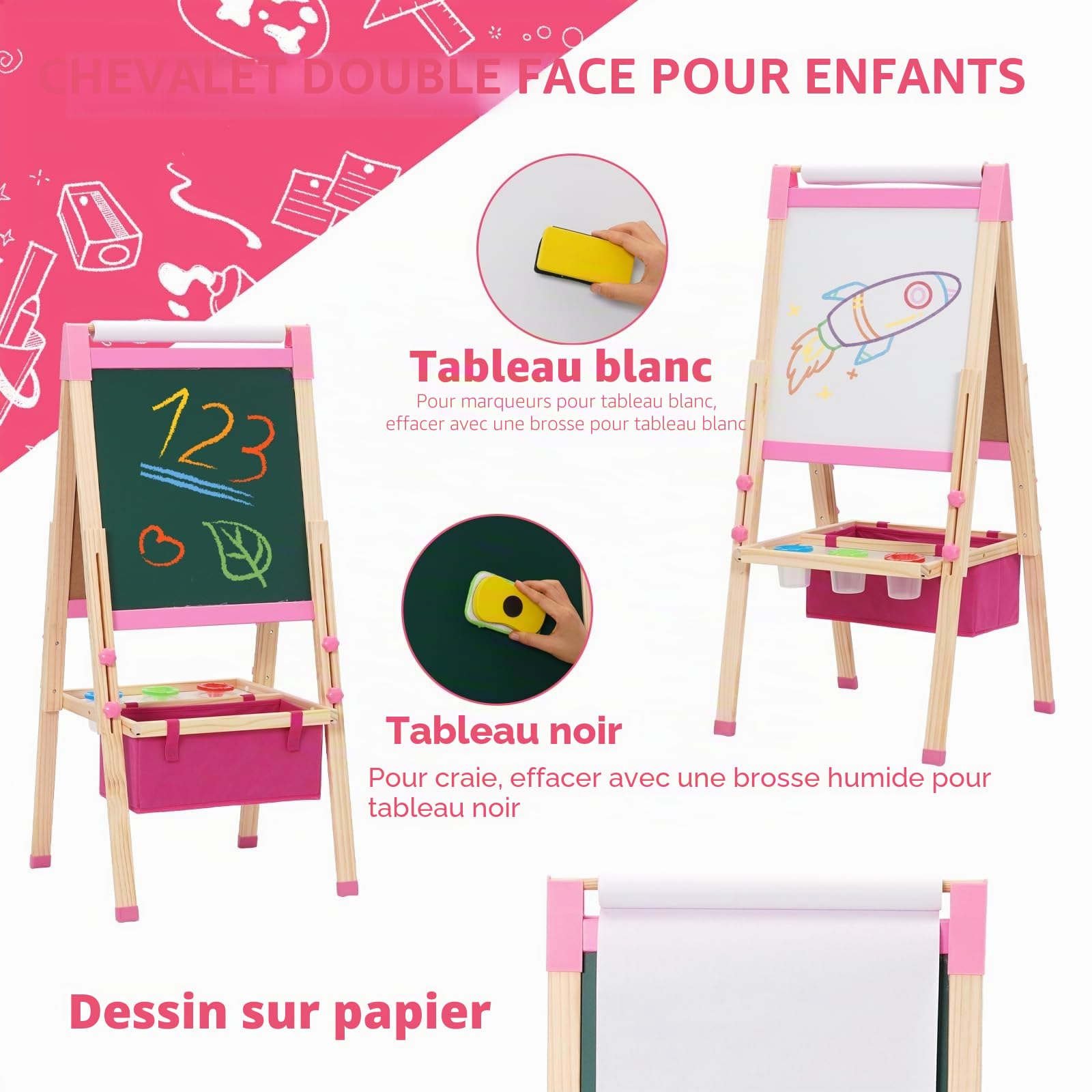 3 en 1 Chevalet Enfant avec Rouleau de Papier, Rangement et Kit de Dessin, Tableau Double Face Enfant, Tableau de Griffonnage pour Kids, Planche à Dessin pour Enfants à partir de 4 ans