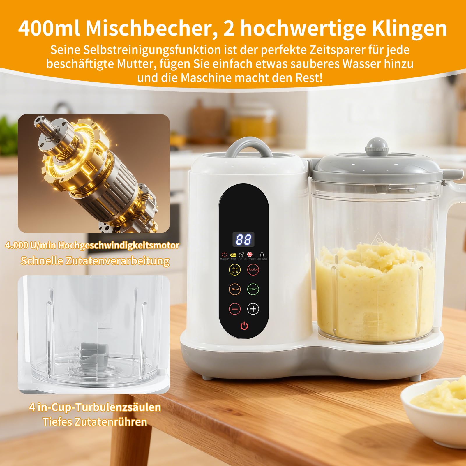 Machine à aliments pour bébé - 400 ml - Cuiseur vapeur - Avec modes prédéfinis - 4 menus - Cuisson et broyage automatiques - Auto-nettoyage - Contrôle tactile
