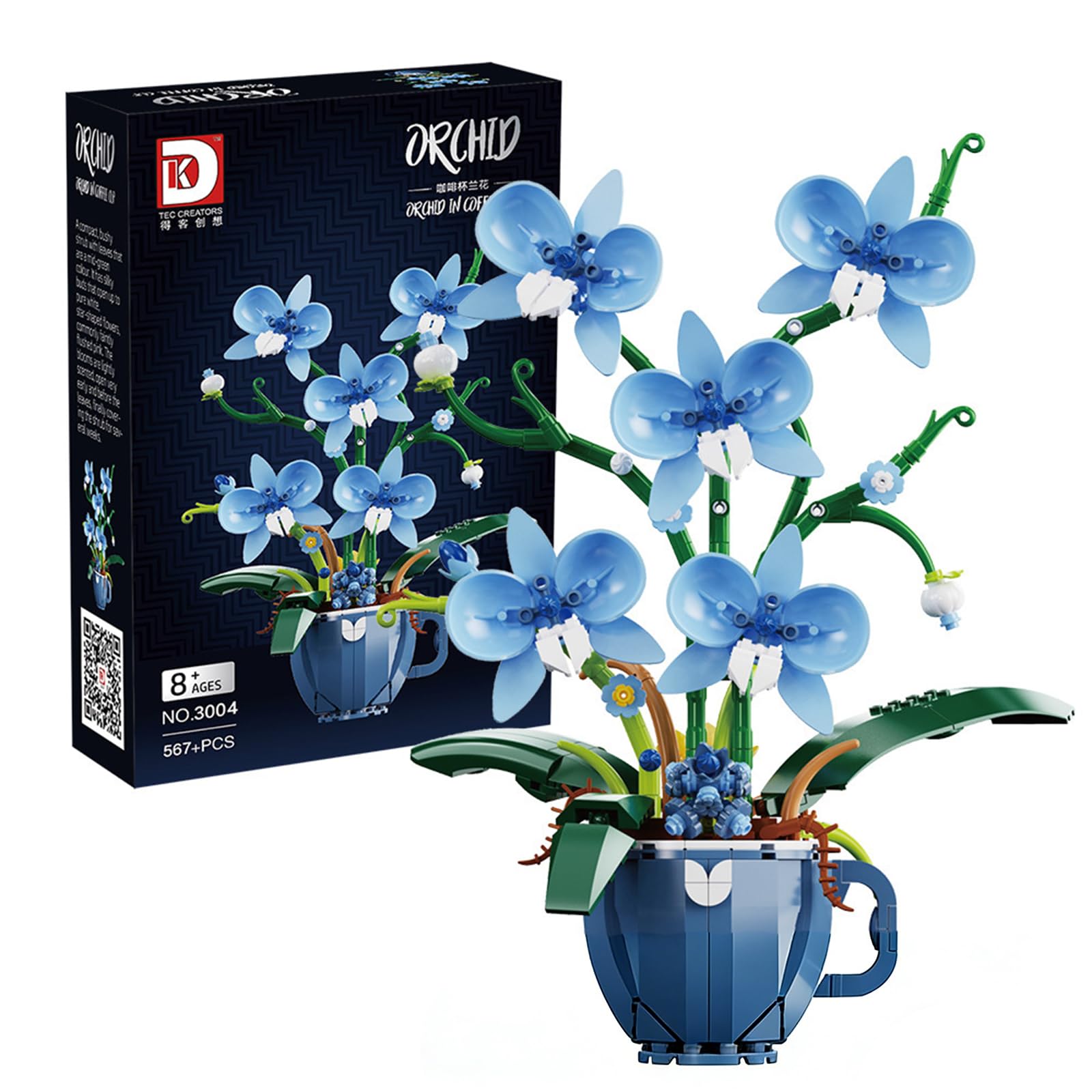 Orchid Flowers Building Block Set, Lego Compatible Orchid & Lego Flowers Set, Mini Coffee Cup Design Botanical Lego Sets, Adult Stress Relief Building Toys for Home Decoration & Gift (Blue)