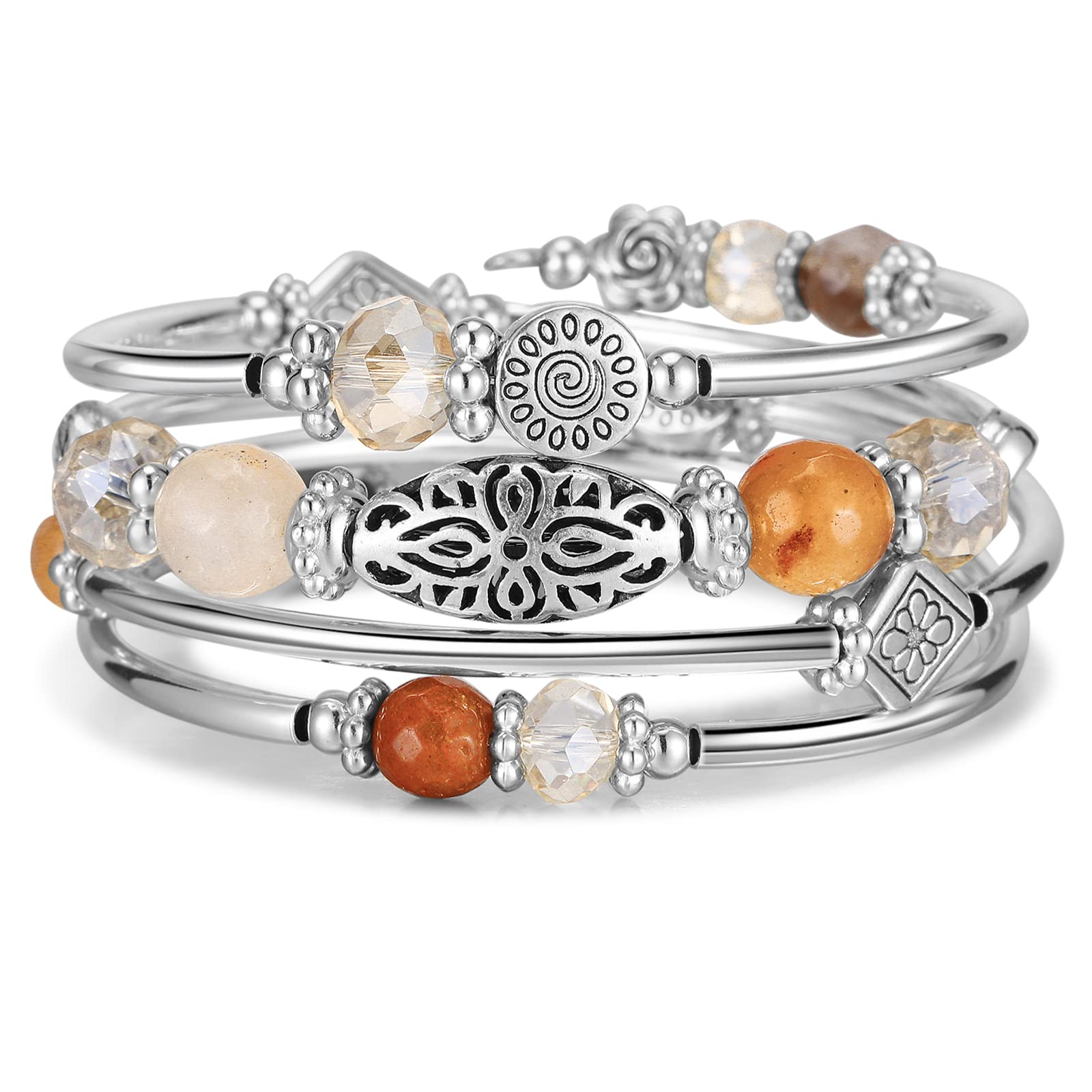 FULU AUTUMNFULU AUTUMN Silver Beaded Bangle Bracelet for Women Handmade Boho Stacking Wrap Bracelet with Crystal Beads Costume Fashion Jewellery Gifts