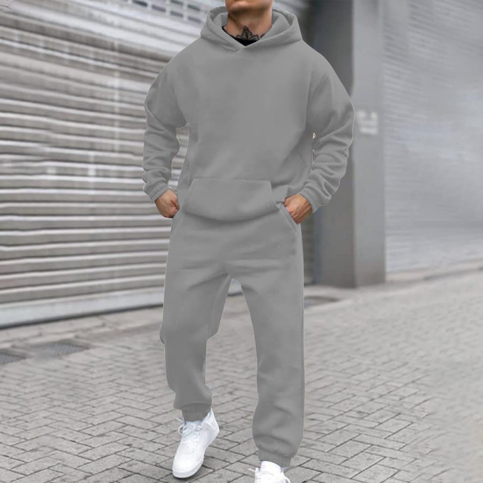 Tuta da jogging da uomo in cotone, comoda felpa con cappuccio e pantaloni sportivi | Felpa con cappuccio e pantaloni da uomo, in cotone, leggera, tinta unita, per il tempo libero, morbida tuta autunnale