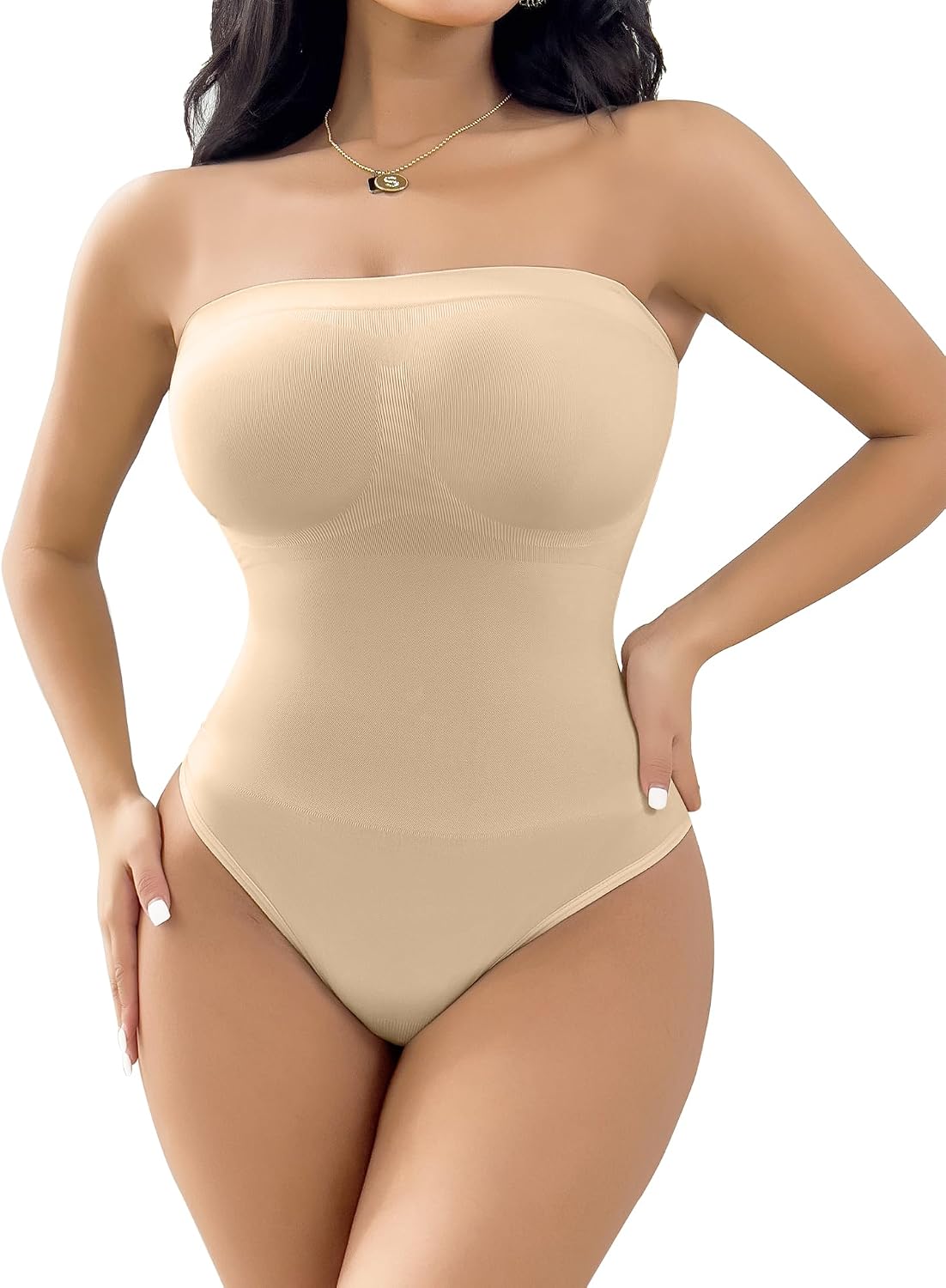 Women's Strapless Shapewear Thong Bodysuit Tummy Control Seamless Sculpted Body Shaper with Removable Straps (Beige,Medium)