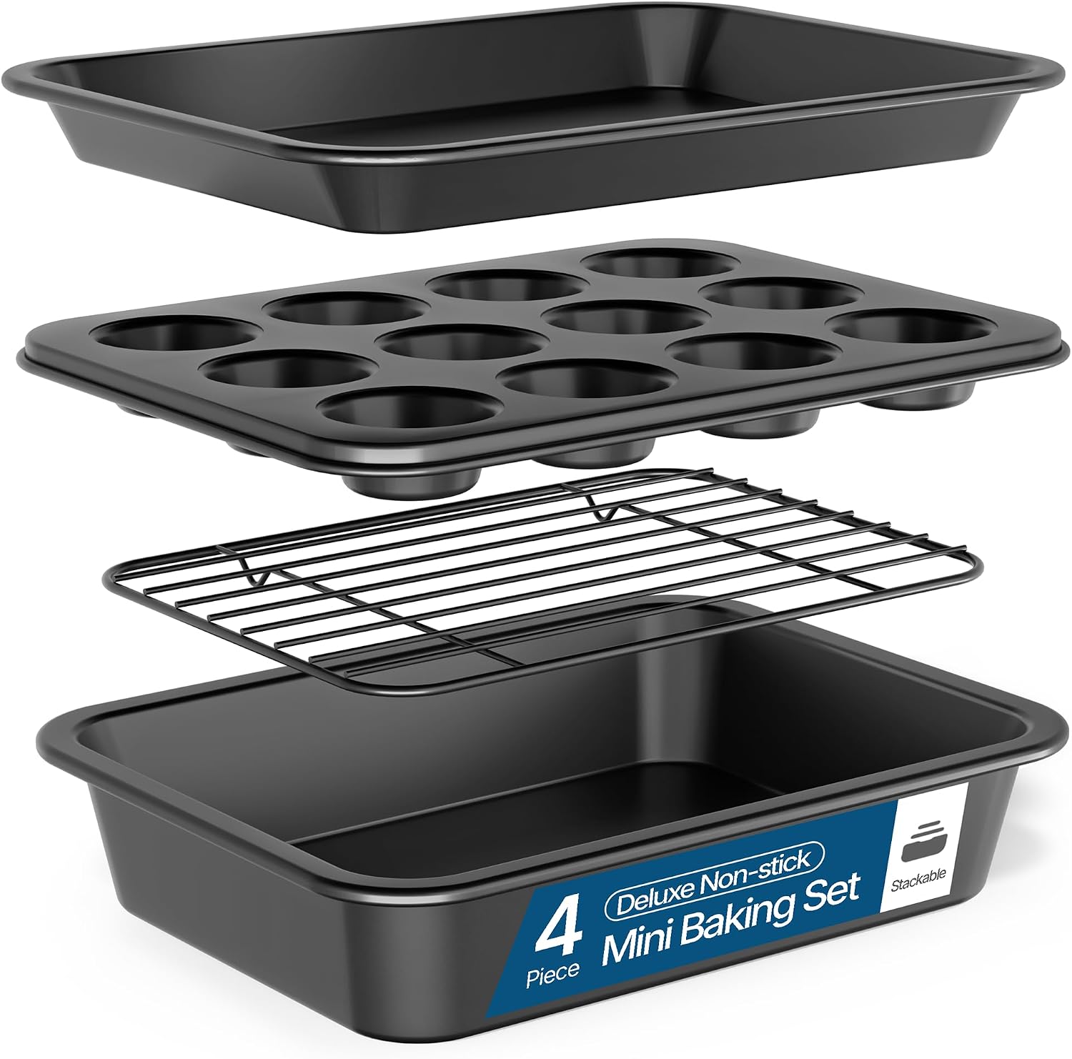 Bakken 4-Piece Bakeware Sets, Nonstick Carbon Steel Baking Sheet, Stackable Space-Saving Bakeware, Dishwasher Safe, Stain-resistant, PFOA, PFOS, & PTFE Free, Oven Safe Up To 450°F, Black