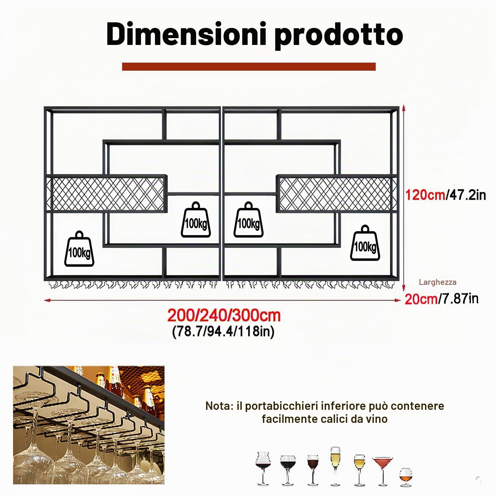 Grande Portabottiglie da Parete Metallico con Illuminazione LED, Scaffale Modulare a 4 Ripiani Sospeso per Bottiglie e Bicchieri, Mensola Portavino Espositore da Bar (Nero, 200CM)