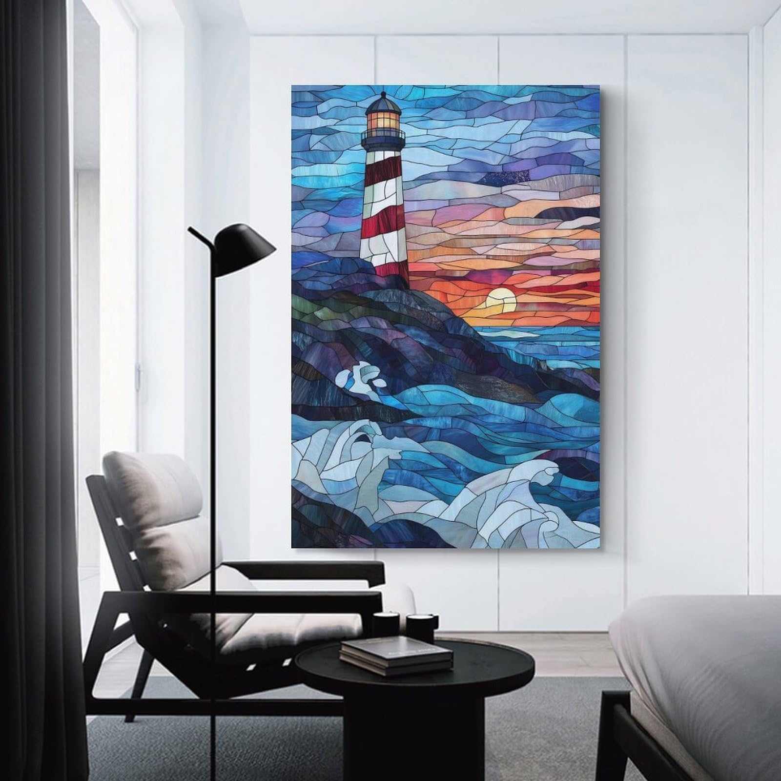 Junmoney Unframe-Style-12-1 Stained Glass Lighthouse Sunset Canvas Wall Art 24X36inch(60X90cm), For Office Decor, Home Working Or Creative Rooms, Wall Art That Adds Style To Work Areas