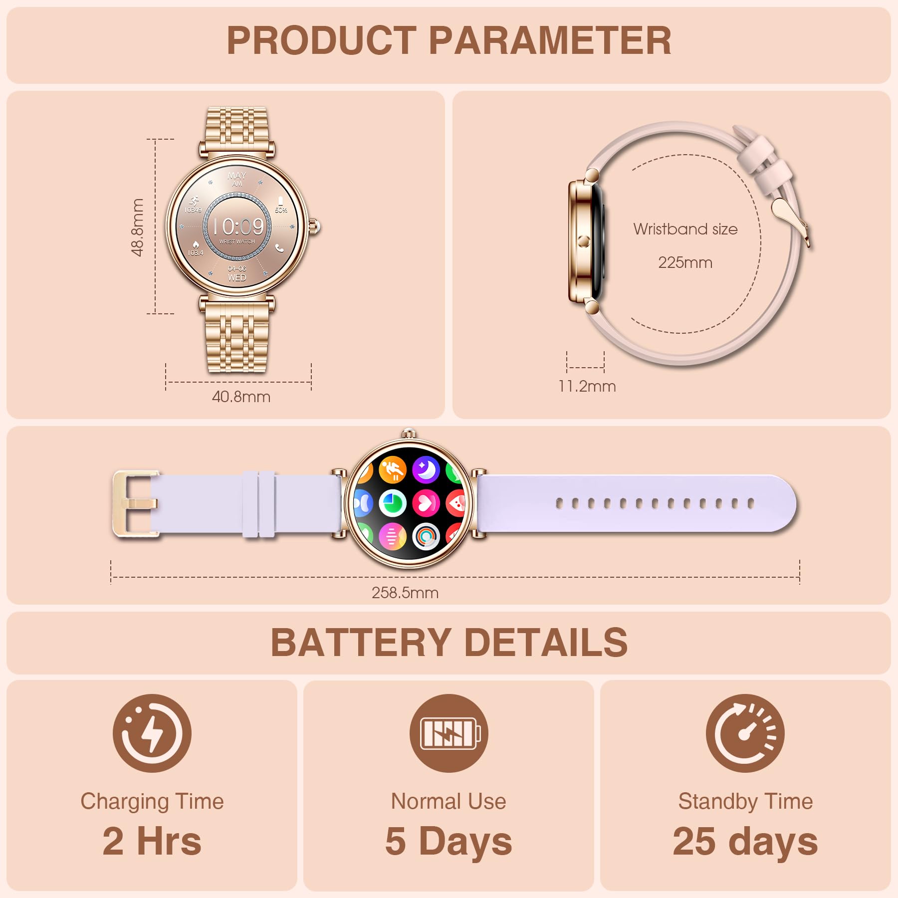 Montre Connectée Femme avec Appel Bluetooth, 1,27" Smartwatch Cardiofrequencemetre Cycle Menstruel SpO2 Suivi Sommeil, 120+ Modes Sport IP67 Podometre Montre Sport pour Android iOS Or Rose