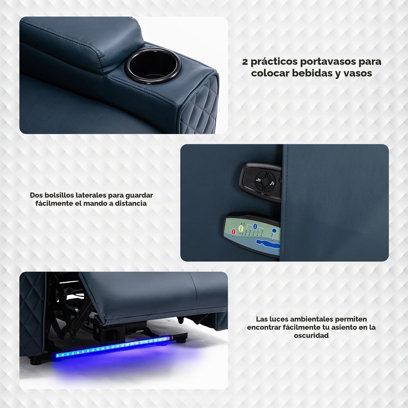 COMHOMA Sillon Relax Reclinable Sillón Relax Electrico Masaje Sillón Reclinable con LED, Función de Inclinación, Alón, Dormitorio, Cine en Casa, Azul