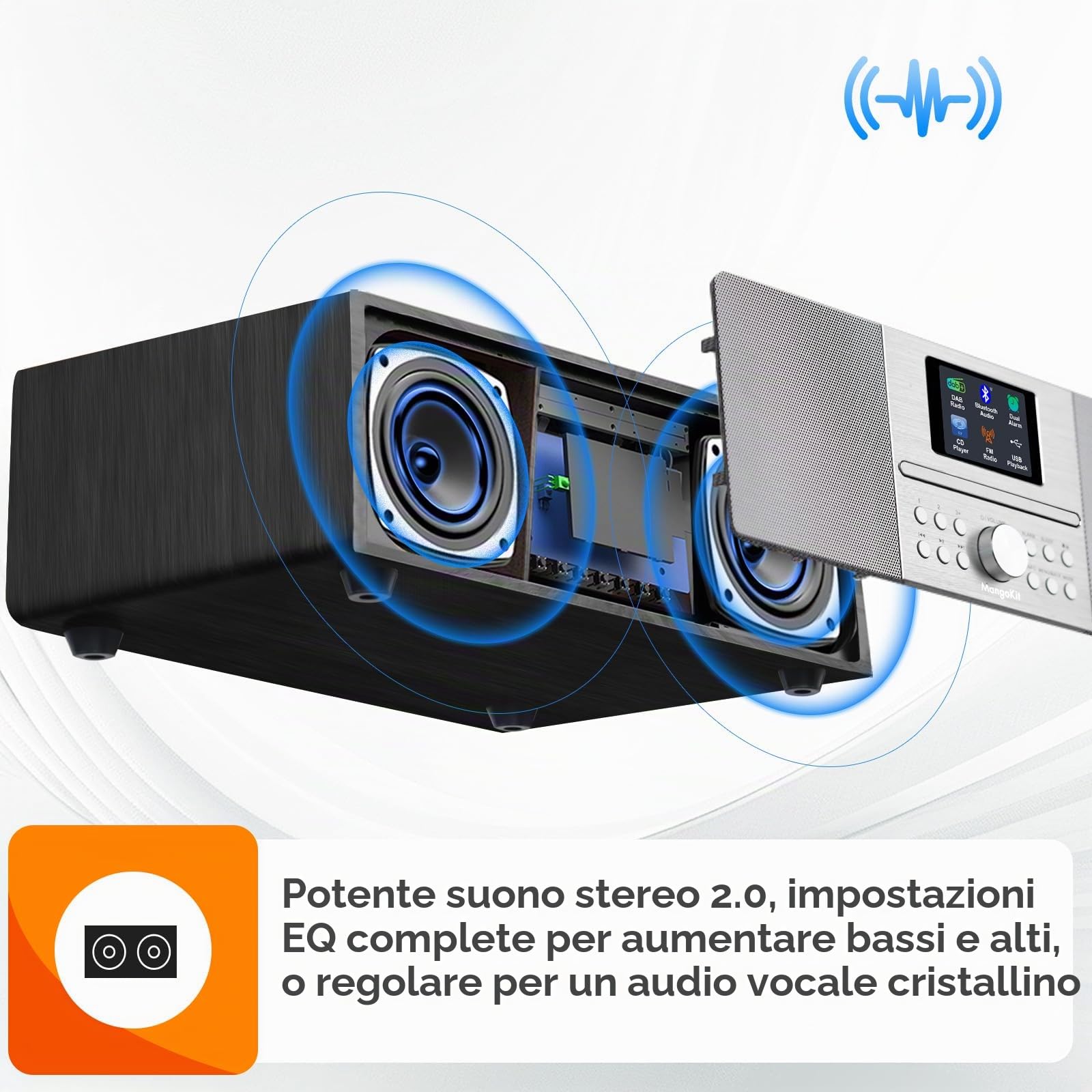 MS4 CD Player DAB Radio Hifi Sistema I Bluetooth I Potente Sistema Stereo I Digital Radio Dab+I Acustic Wood Mabiet I CD Player con 40 Preset, Jack per Cuffie,Metallico Nero