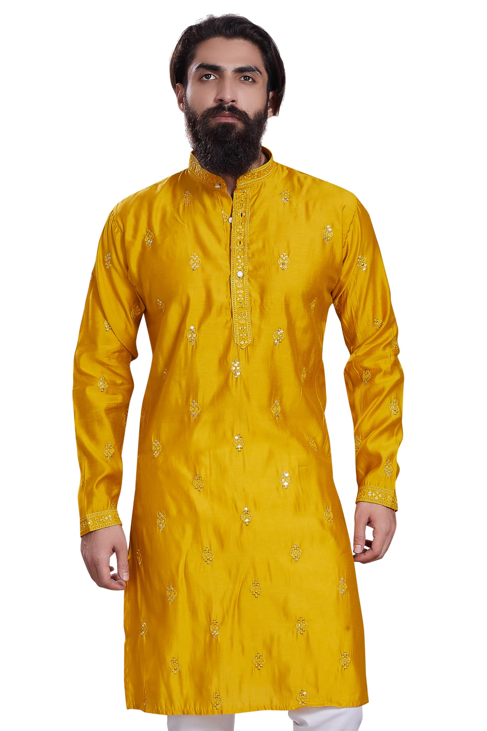 Divisive Men's Embroidered Cotton Silk Blend Only Slim Fit Kurta (Dkrt211_L_Mustard)