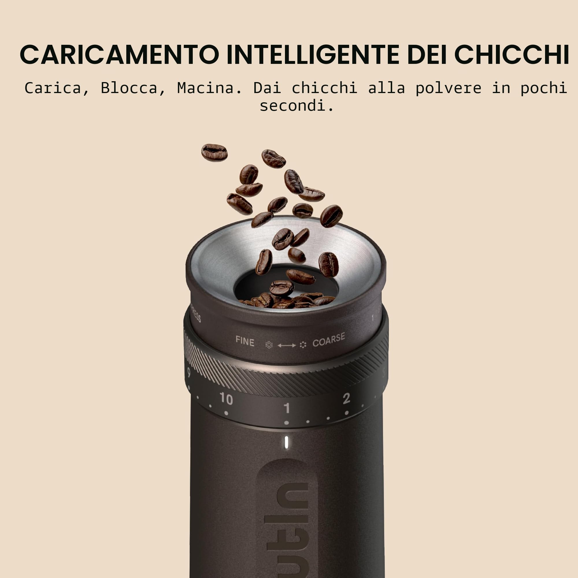 OutIn Fino Macina caffè elettrico portatile, macinacaffè a chicchi regolabili con 28 impostazioni di macinatura precisa, macinacaffè compatto con ricarica rapida, per viaggi, campeggio