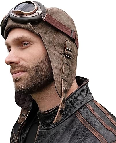 Leather Aviator Hat, Real Vintage Brown Leather Helmet, Pilot Cap, for Men & Women