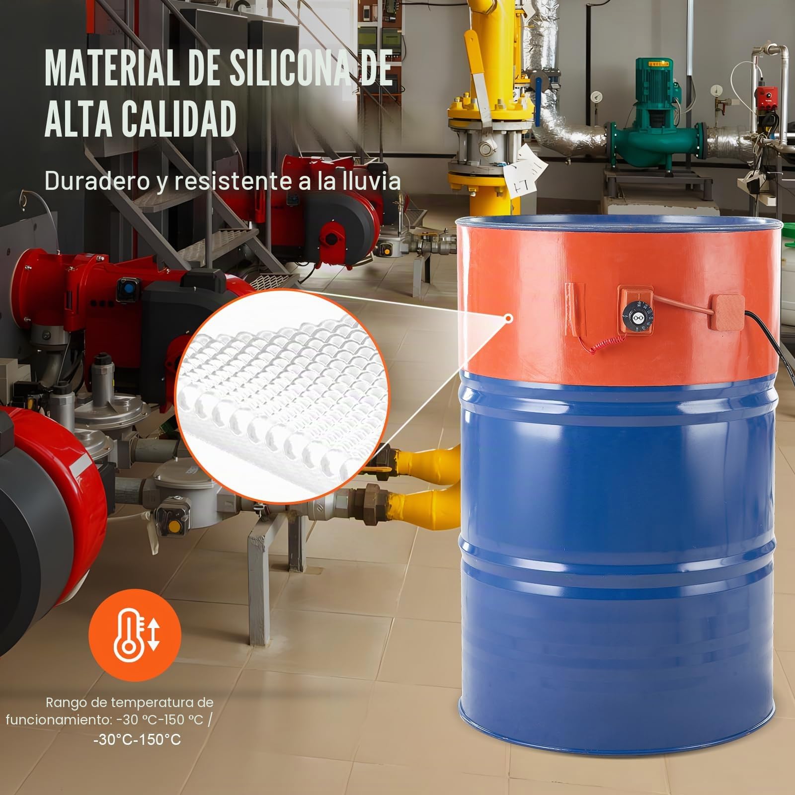VEVOR Calentador de Bidón de Metal 1200W Correa Calefactora para Bidón 55 Galones Ancho 250mm Termostato Ajustable 30~150°C Correa Calefactora de Bidón de Grasa de Silicona Alta Eficiencia, Naranja