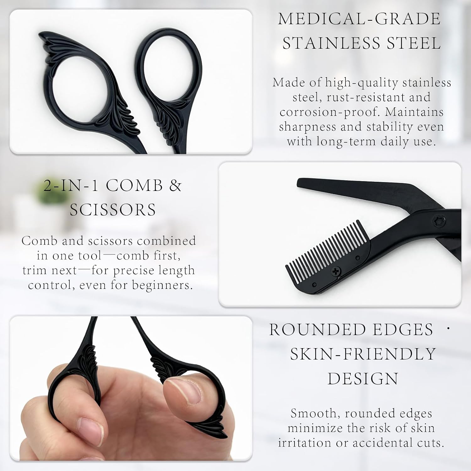 Black Eyebrow Trimming Scissors with Comb, Grooming Tool Gift for Men and Women, Stocking Stuffer Idea