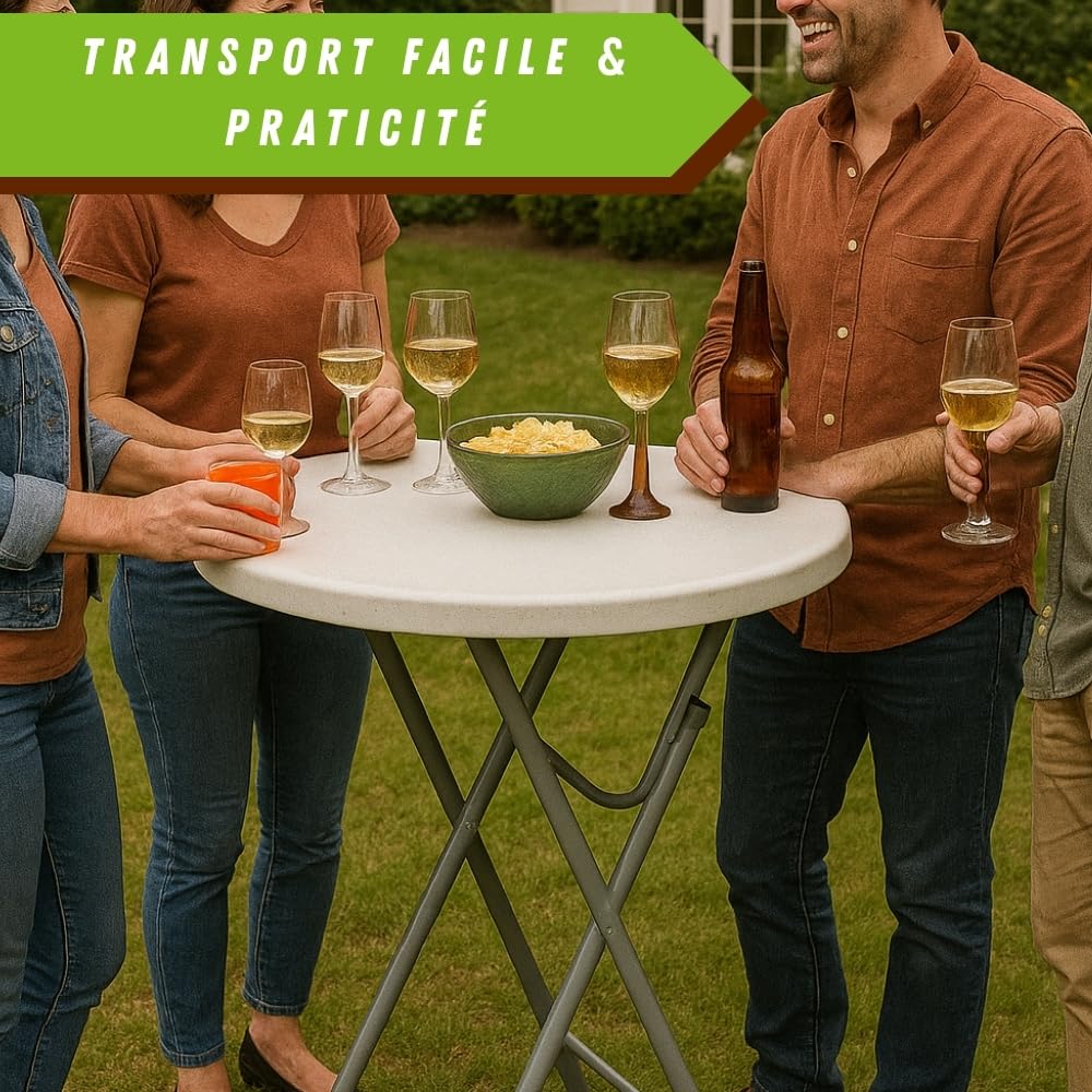TERRE JARDIN - Table Pliante Mange Debout, Plateau HDPE Ø81 cm - Table Pliante Exterieur/Interieur 110 cm - Table de Jardin Pliante Blanche, Buffet, Fêtes, Camping - Stable et Robuste