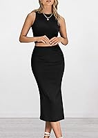 Vista 3 de PRETTYGARDEN Conjunto de 2 piezas de verano para mujer, cuello redondo, sin mangas, con abertura, falda midi Negro