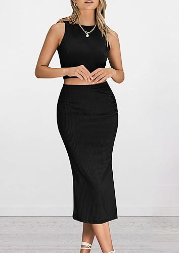 Miniatura 3 de PRETTYGARDEN Conjunto de 2 piezas de verano para mujer con cuello redondo camiseta sin mangas con abertura entallado falda por debajo de la rodilla