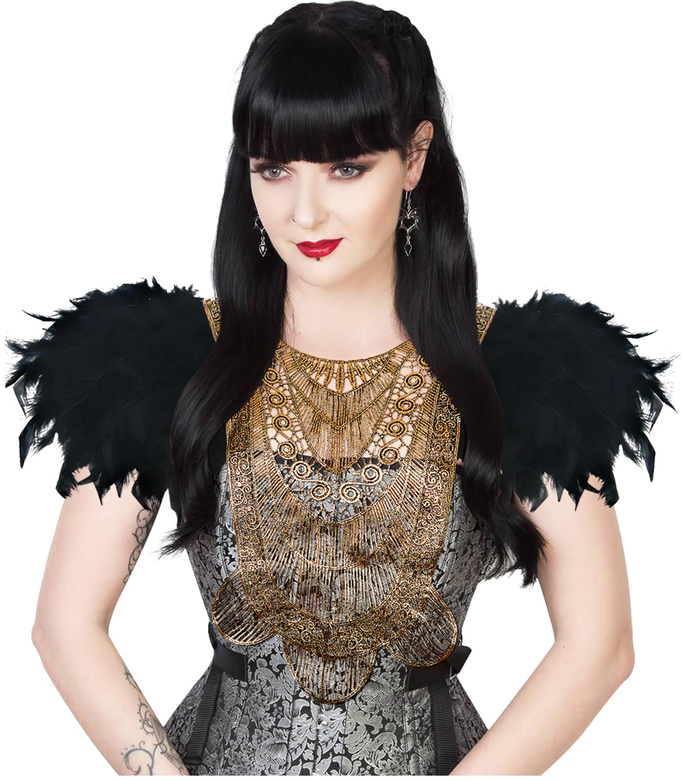 Col Victorien En Dentelle Avec Armature Et Plumes - Accessoire Cosplay Gothique Halloween (Rouge)