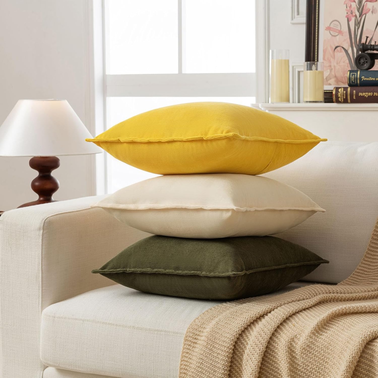 Cushion Covers Sofa 40 x 40 Corduroy Striped Beige Cushion Covers Modern Elegant Square Decorative Cushion Covers for Sofa Bed Living Room Bedroom Home Pack of 2