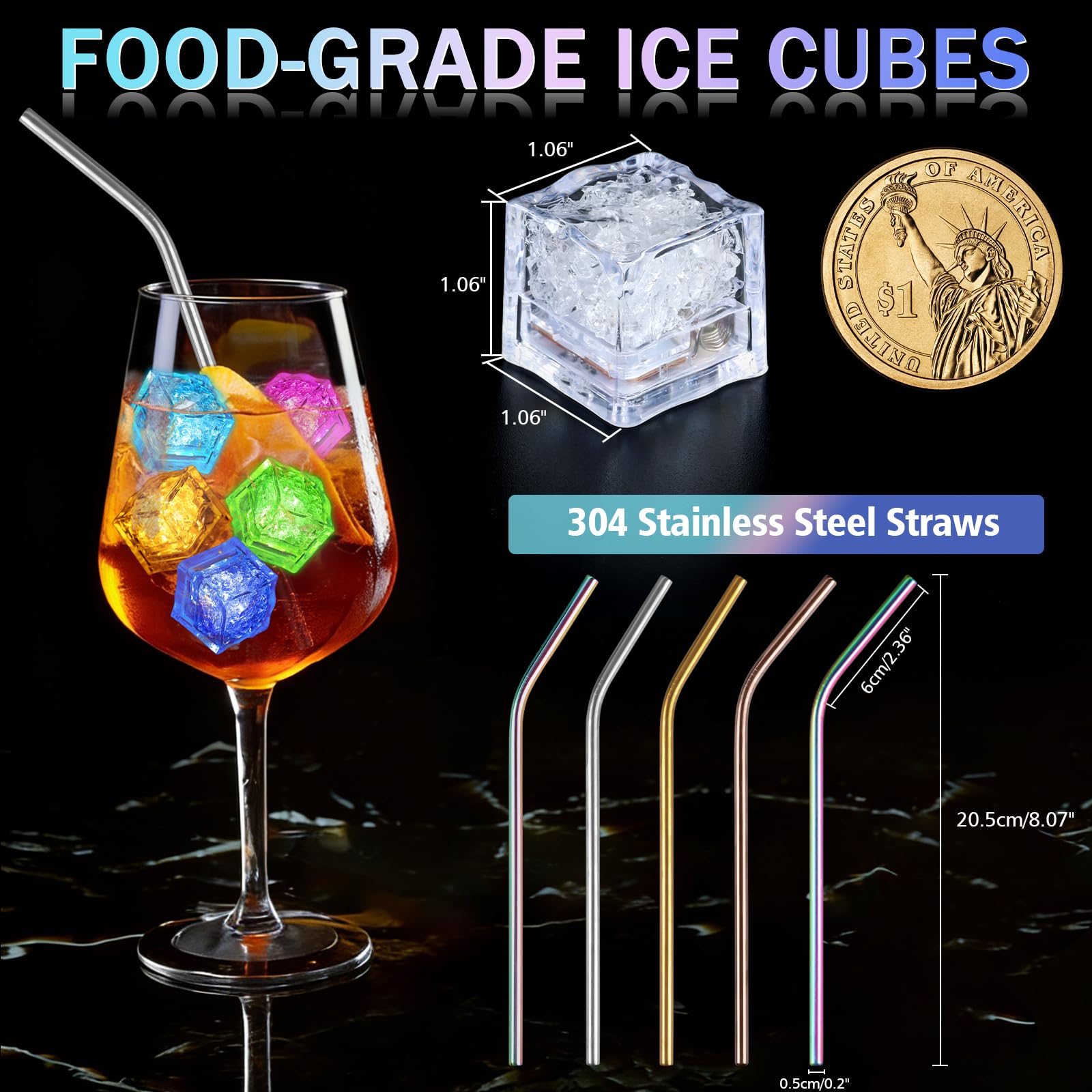 Paquete de 40 cubitos de hielo iluminados para bebidas, cubitos de hielo LED activados por líquido con 5 popotes, reutilizables, de grado alimenticio, multicolor para bares, clubes, bodas