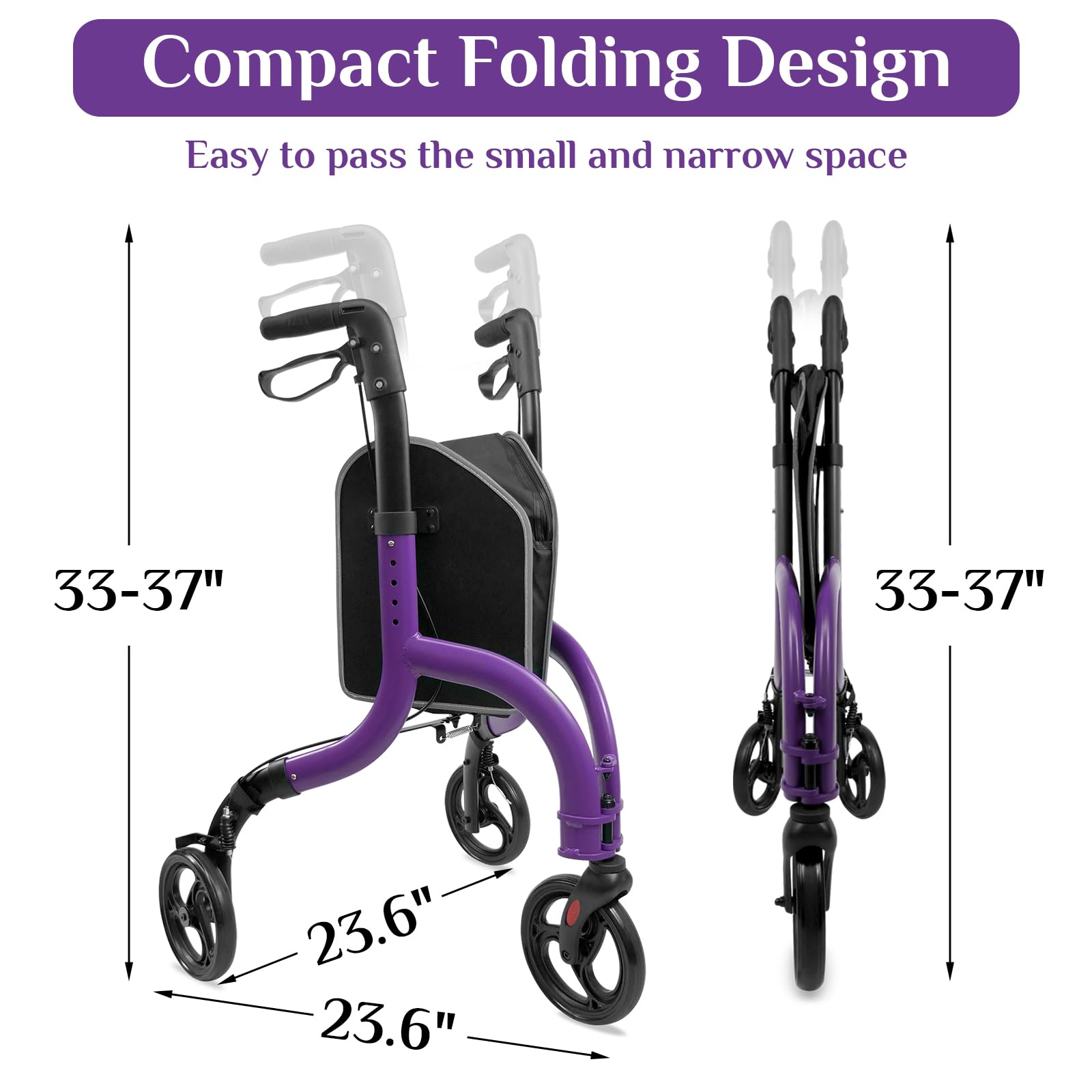 JumboTIGER Premium 3 Wheel Rollator Walker for Seniors - Ultra Lightweight Foldable Walker for Elderly, Aluminum 8 Inch Tri-Wheel Modern Mobility Walking Aid, Brilliant Purple