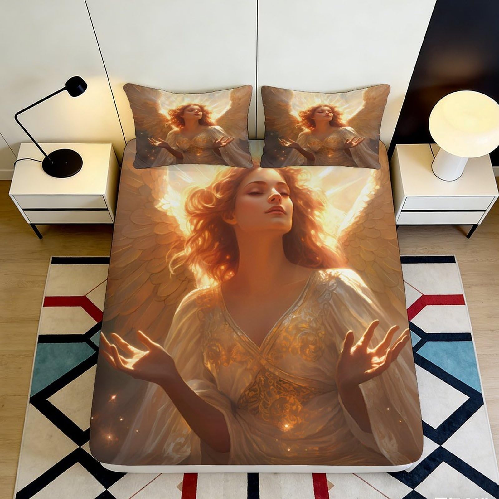 Pnayamiorkfel Style-7 3D Printed Angel Wings Fitted Sheet Microfiber Golden Light Mattress Cover For Bedroom Dorm Decorative Protection 90X200x25cm