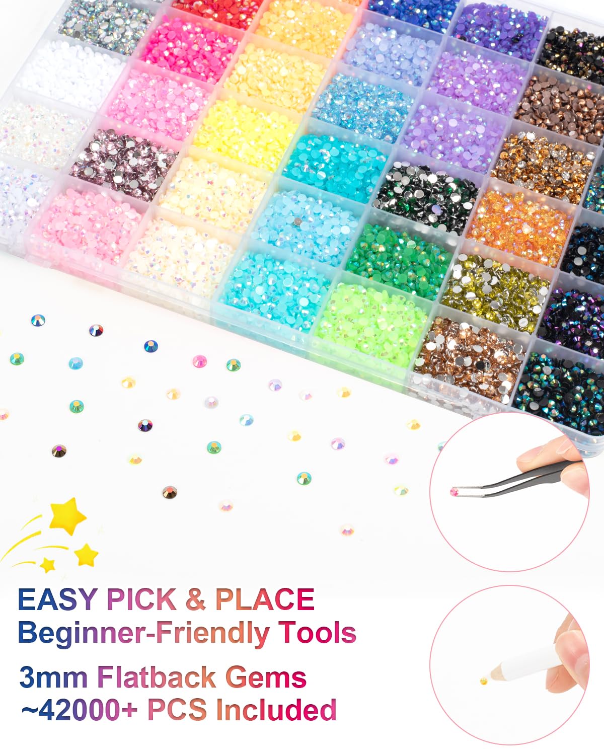 Vinuwu Bedazzling Kit, kit di strass Bedazzling in 42 colori, 32000+pezzi da 3 mm con retro piatto, per Bedazzling con penna, kit di gemme per nail art, ciondoli, abbigliamento, scarpe, libri