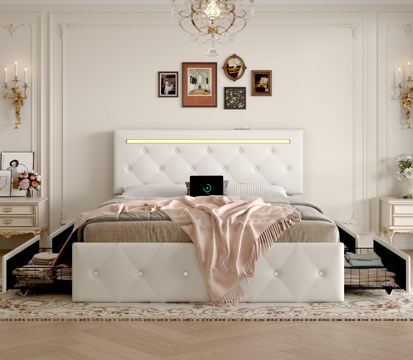 Full Size Bed Frame with LED Light and Storage Drawers, PU Upholstered Bed Frame with Adjustable Headboard, Diamond Crystal Button, Charging Station,