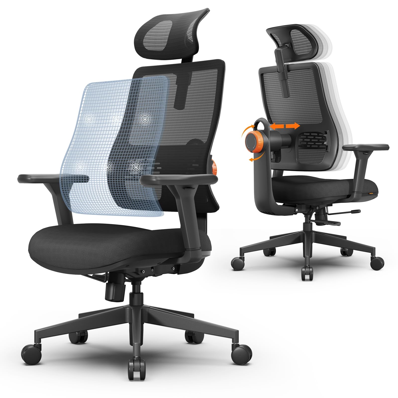 Newtral MAGICH003 Sedia Ufficio Ergonomica Lombare, Sedia Scrivania Poltrona Ergonomica con Braccioli Regolabile, Ergonomic Office Chair Oscillazione a 96-126° (MAGICH003, Nero)