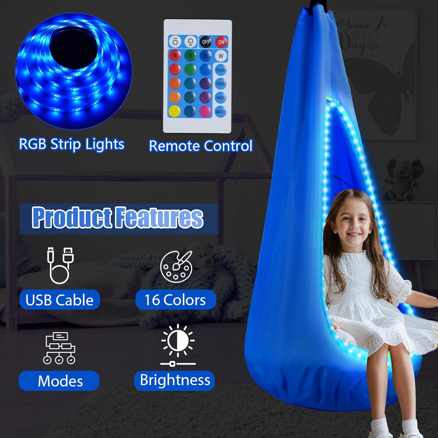 Light Up Kids Pod Swing Seat – Sensory Hammock Chair with Remote & Bluetooth App Control LED Lights, Inflatable Cushion, Pocket – Indoor & Outdoor Swing for Autism & Relaxation 1 713NGXzWsaL. AC SL1500