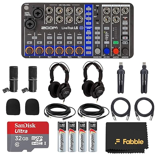 Zoom LiveTrak L6 Recording Bundle – 10-Channel Digital Mixer, 2 ZDM-1 Podcast Mic Packs, 32GB microSDHC Card, AA Alkaline Batteries, Microfiber Cleaning Cloth