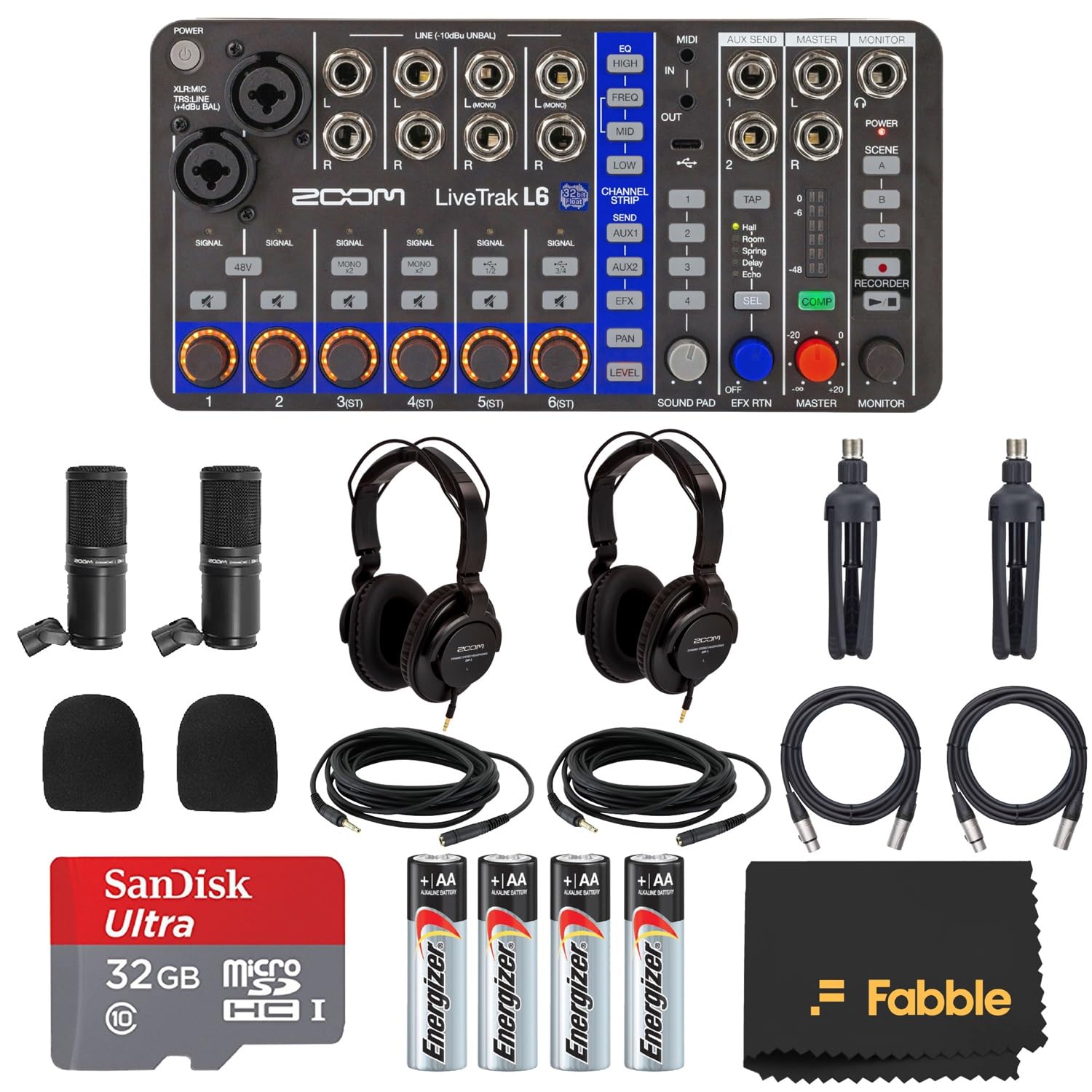 Zoom LiveTrak L6 Recording Bundle – 10-Channel Digital Mixer, 2 ZDM-1 Podcast Mic Packs, 32GB microSDHC Card, AA Alkaline Batteries, Microfiber Cleaning Cloth