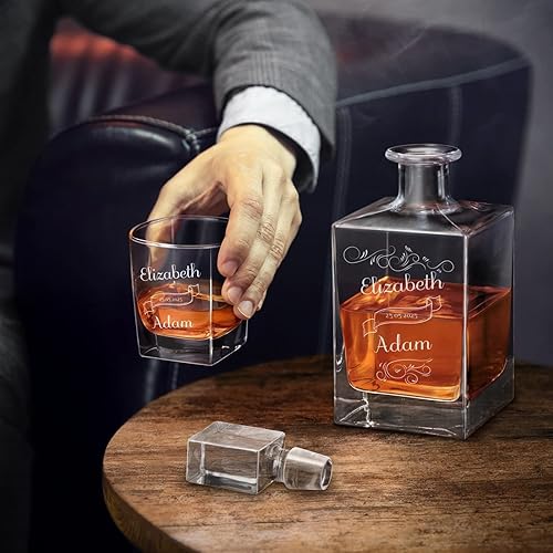 Miniatura 3 de Maverton Juego de decantador de whisky grabado para parejas, dispensador de bebidas elegante personalizado para aniversario, 2 vasos de whisky con