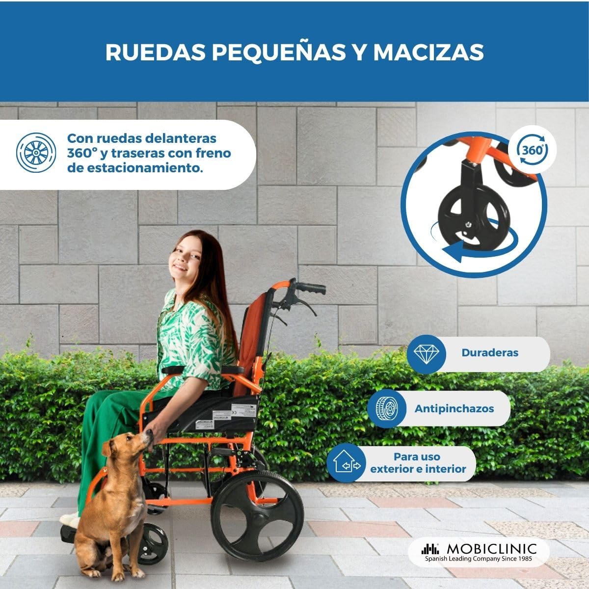 Mobiclinic®, Silla de ruedas, Plegable, Ligera, Dos sistemas freno, Respaldo, Aluminio, Reposapiés abatibles, Modelo pirámide, Pequeñas, Reposabrazos fijos (Naranja, 46 cm)