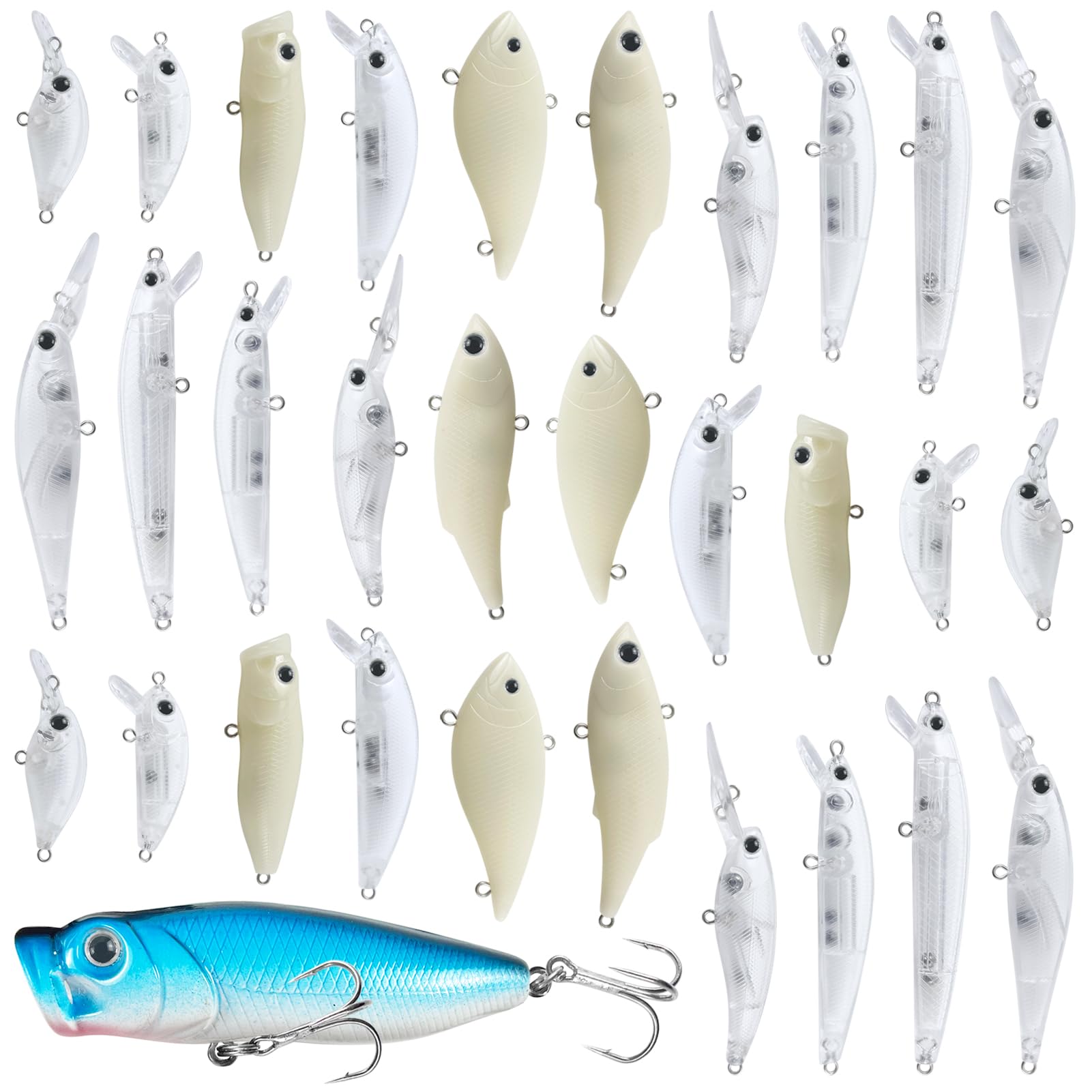 30pcs Blank Fishing Lures Unpainted Crankbait Hard Baits for Bass Trout Perch Panfish Salmon Topwater Lure for Freshwater Saltwater