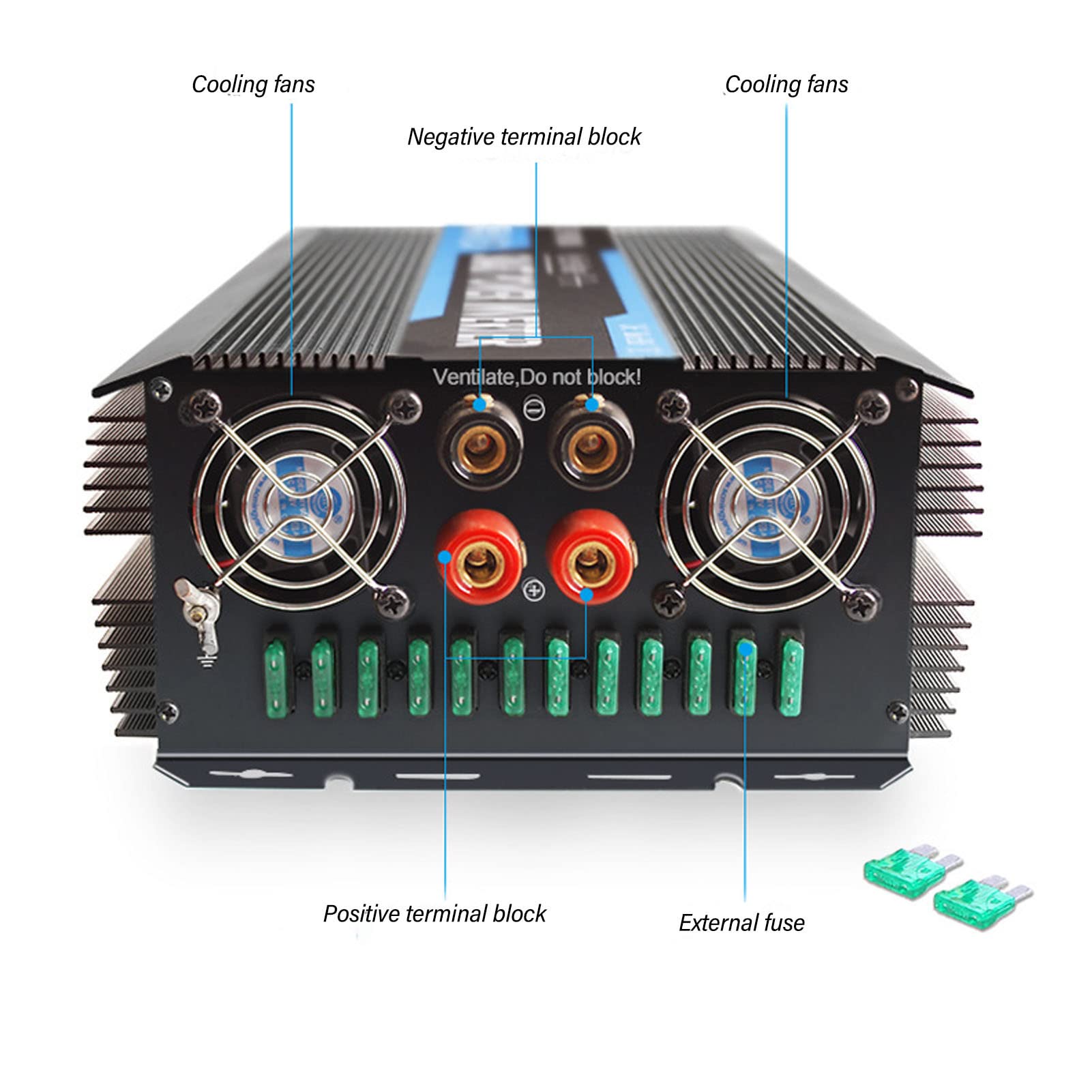 FTVOGUE Przetwornica Napięcia Przetwornica Czystej Fali Sinusoidalnej 4000 W DC 12 V na 220 V AC Stop Aluminium ABS z 2 Gniazdami Prądu Przemiennego Port USB i Zabezpieczenie Do Podróży Samochodem