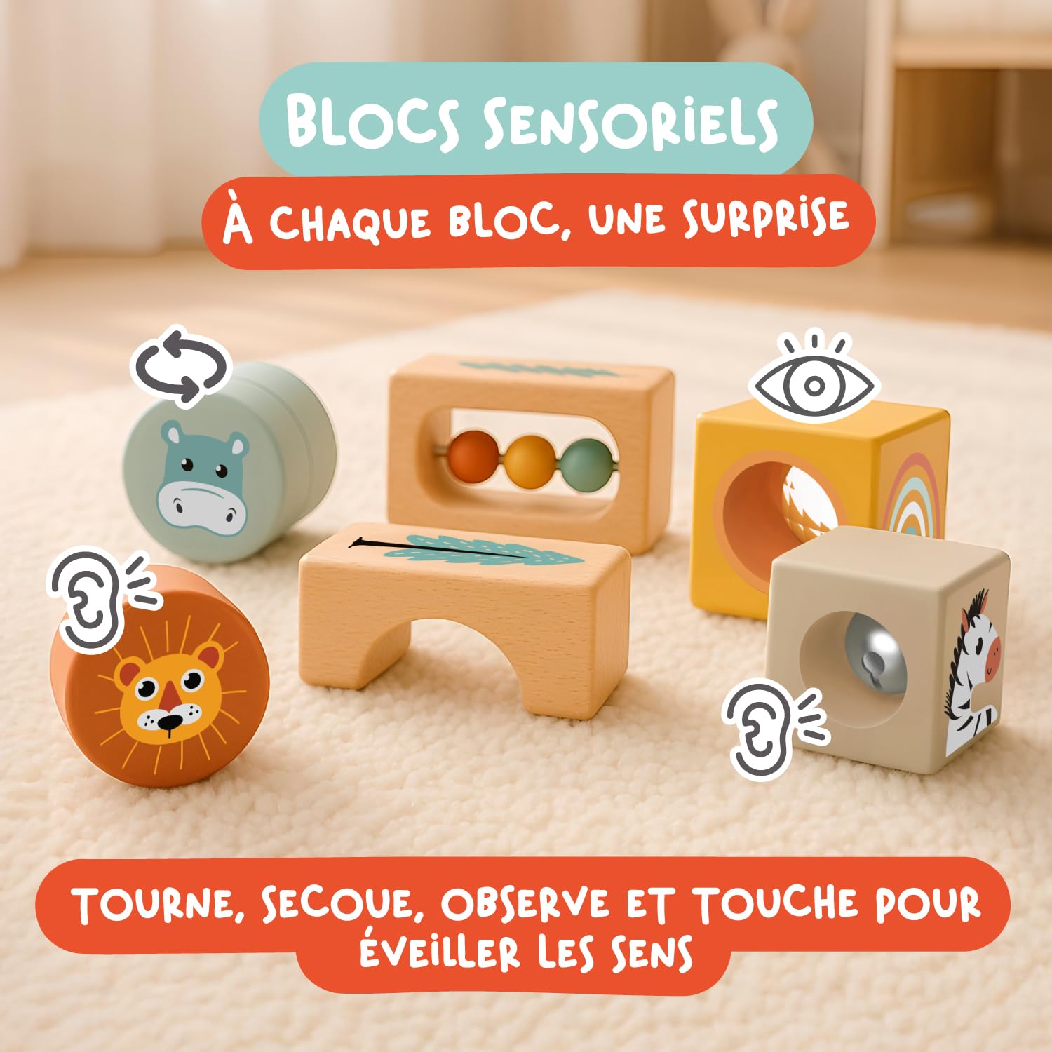 Nene Toys Jouet Bébé 1 an – Jouet Montessori en Bois 4-en-1 avec Blocs Sensoriels, Pluie Musicale, Labyrinthe Girafe & Anneaux à Empiler – Jeu Sensoriel Cadeau Éducatif pour Fille & Garçon 12 Mois+