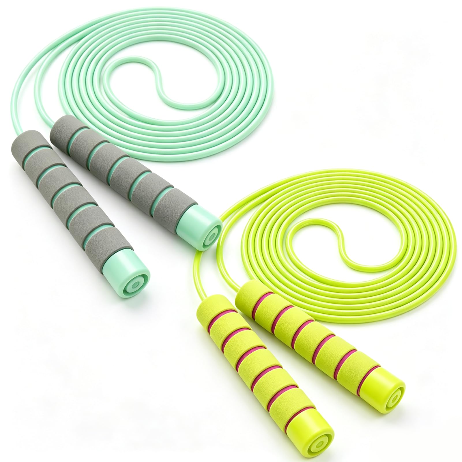 Skipping Rope Kids, 2 Pack Adjustable Skipping Ropes for Kids with Non-slip Sponge Handles, 2.8m Kid Skipping Ropes for Girls Boys Exercise Outdoor (Green + Yellow)