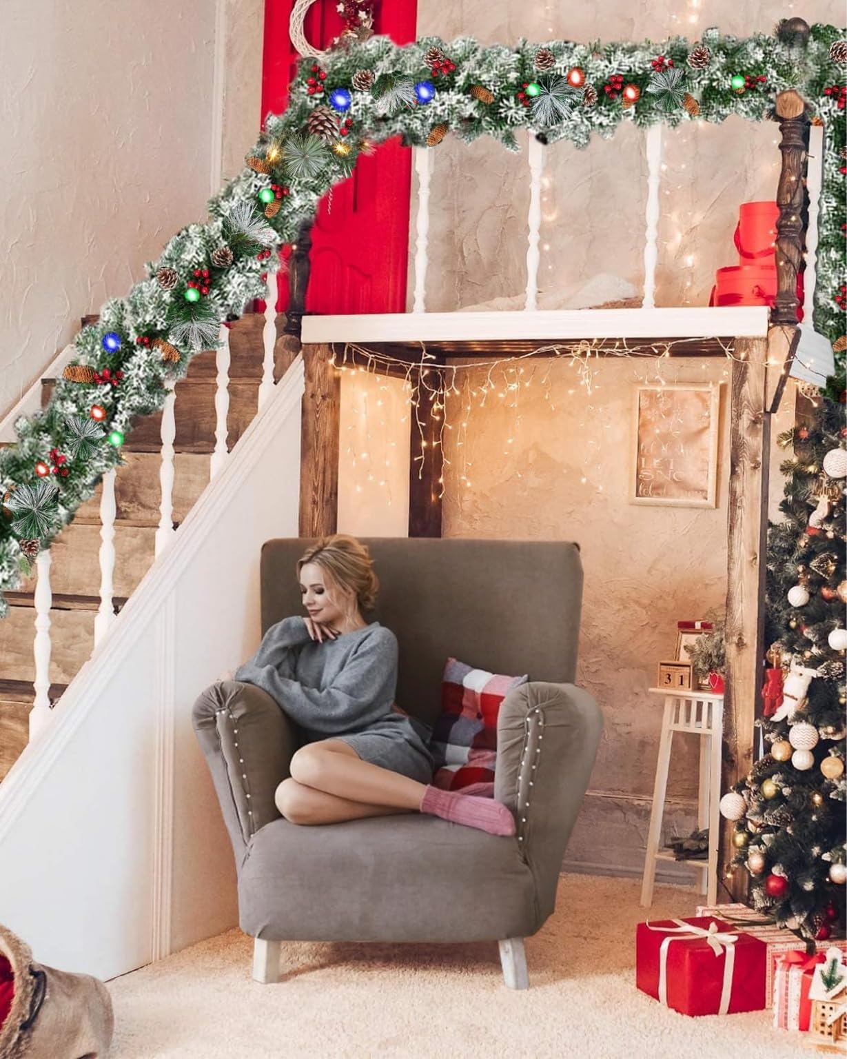 Weihnachtsdekoration, Girlande, 1,8 m, Weihnachtsgirlande mit Lichtern für Zuhause, Treppen, Kamine, Wände, künstliche Girlanden, Weihnachtsdekoration für drinnen und draußen