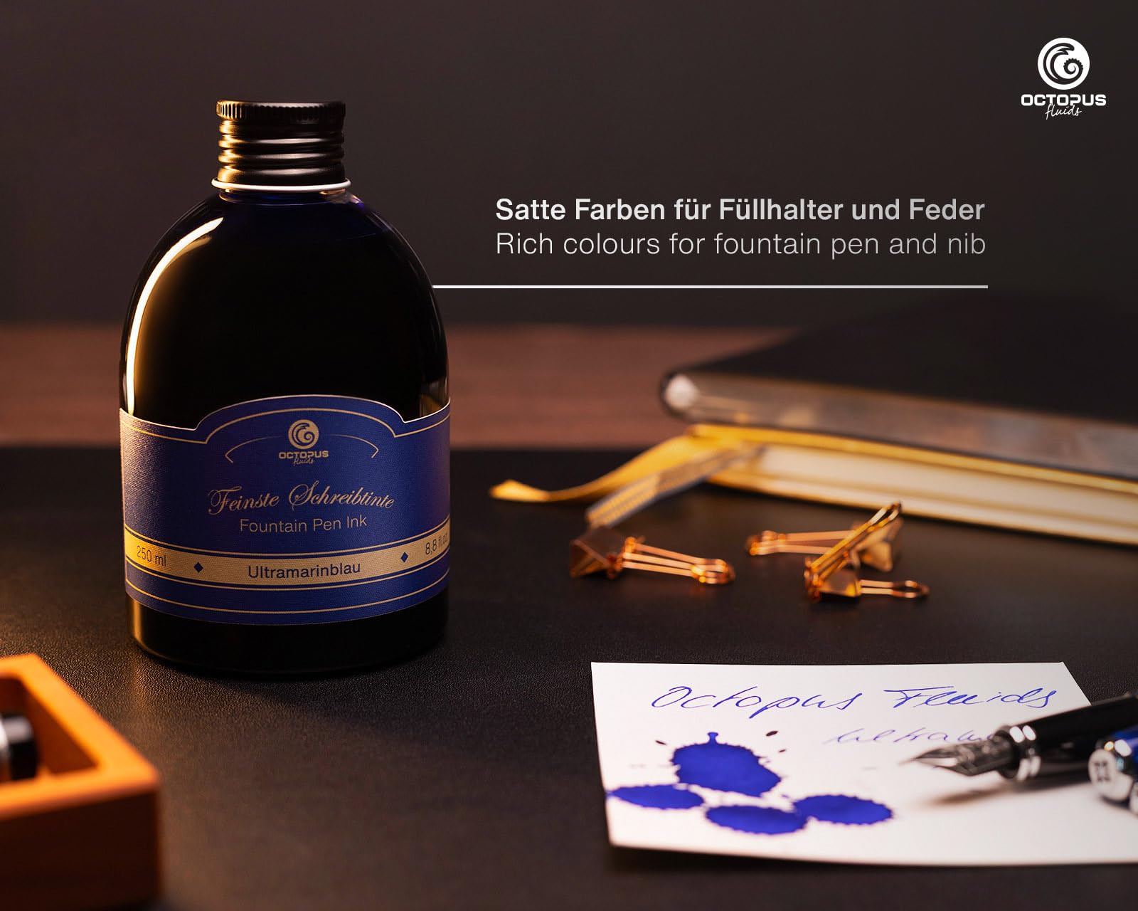 Octopus Fluids Klassik - Tinta para pluma estilográfica, color azul ultramar, set con botella de recarga de 250 ml y convertidor de tinta, tinta de escritura de alta calidad para plumas estilográficas