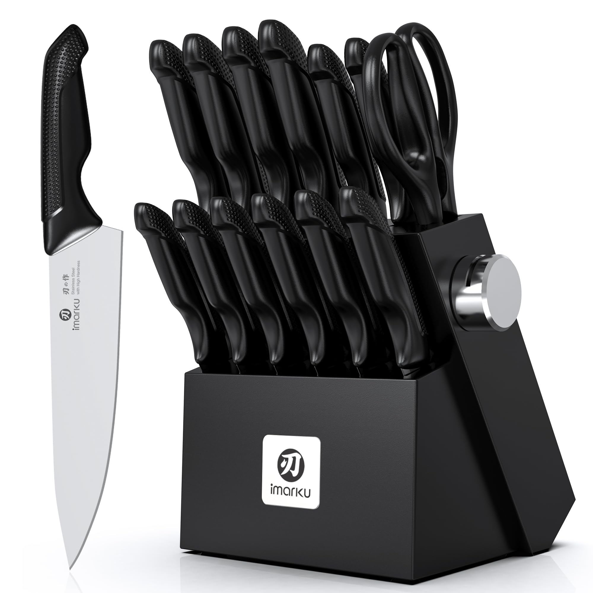 imarku 14-Piece Premium Knife Block Set, Black Kitchen Knife Set with Block and Build-in Sharpener, High-Carbon Stainless Steel Knives for Lasting Sharpness, Dishwasher Safe, Gift for Men